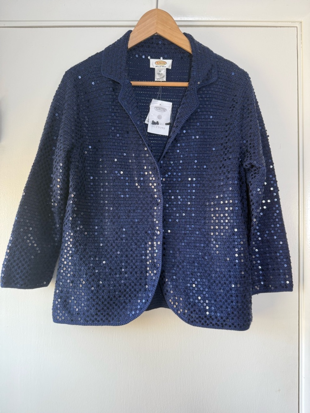 🆕 Talbots Vintage Hand Knit Silk Cotton Sequin Sweater Blazer Jacket Navy Blue M